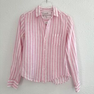 Frank & Eileen Barry Stripe Linen Shirt Women XXS Pink White Button Up Coastal